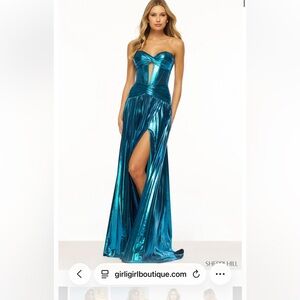 Sherri Hill Metallic Teal Strapless Dress